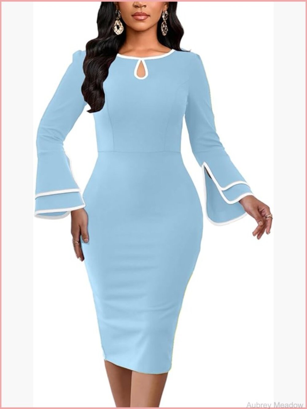 Women's Bodycon Pencil Dress Bell Sleeves Keyhole Neckline Work Party Midi